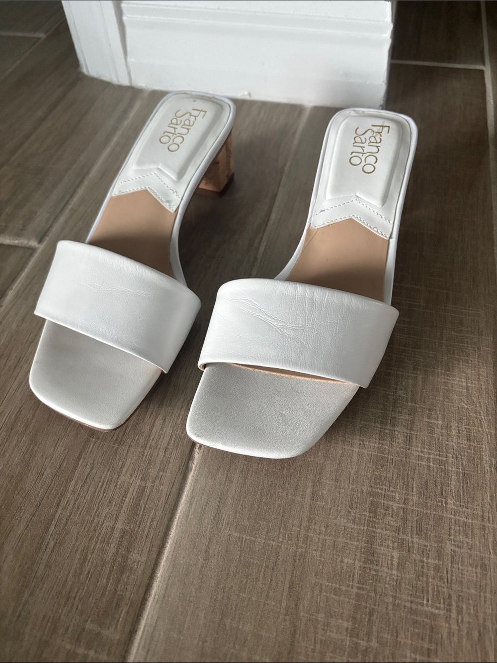 Franco Sarto White Square Toe Block Heel Slide Mules